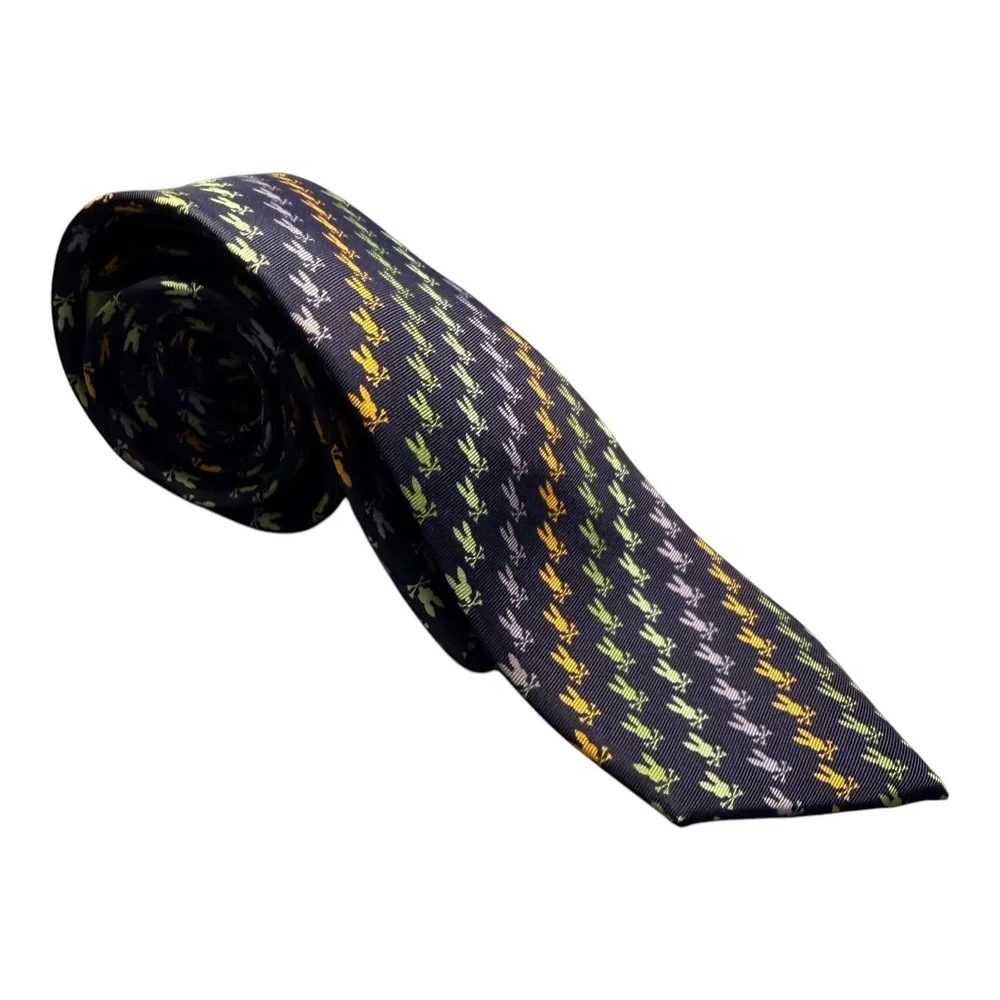 Psycho Bunny Mens 100% Silk Tie Navy Blue and Multi Color Logo Print